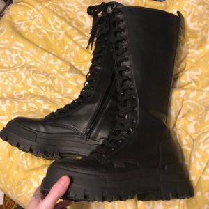 Worn once. Buffalo platform knee-high  combat boots